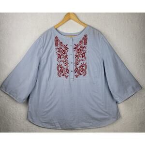 2X Tunic Boho Red Embroidery Pullover Top 3/4 Sleeve Blue White Stripe Casual